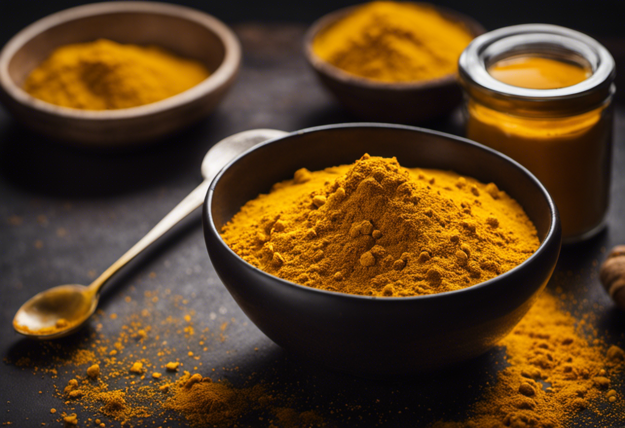 An image showcasing the vibrant golden hue of turmeric powder, with a close-up view of a spoonful of it sprinkled over a dish