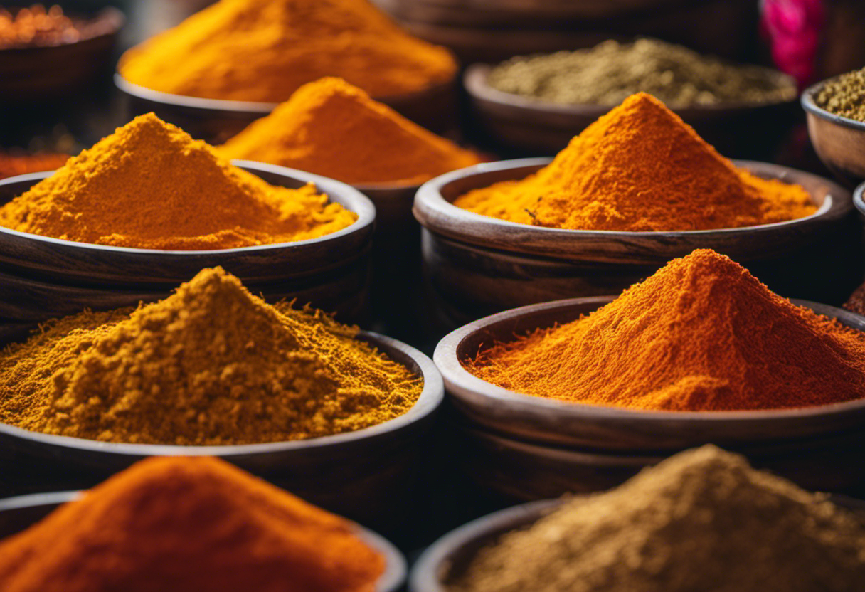 An image showcasing a vibrant, exotic spice bazaar with neatly arranged stacks of deep yellow turmeric and bright orange saffron threads, highlighting their distinct colors and textures