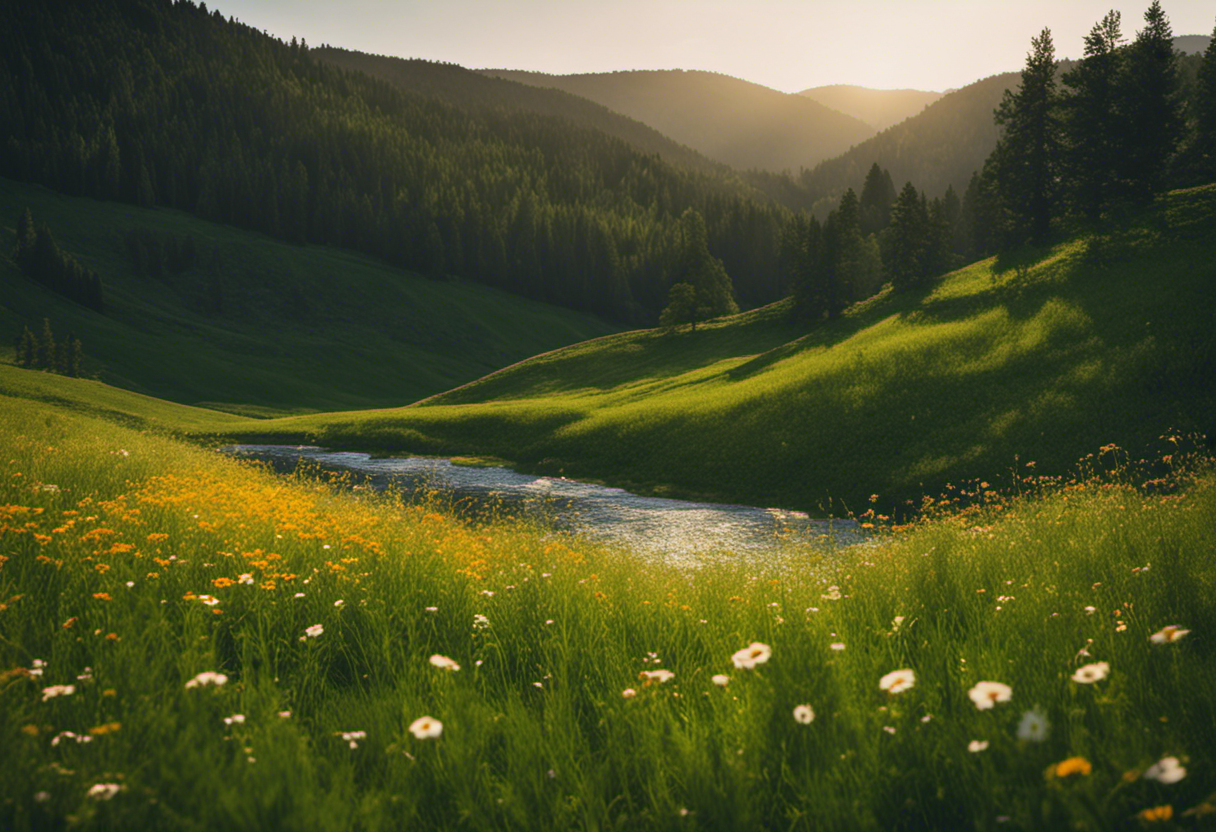 An image showcasing a lush, sun-kissed meadow, brimming with vibrant green grass and an assortment of wildflowers