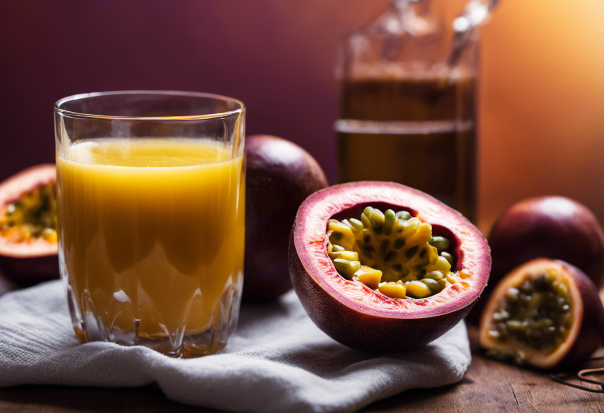 An image featuring a glass filled with freshly squeezed passion fruit juice, surrounded by a variety of ripe passion fruits and a blood glucose monitor, highlighting the important considerations for diabetics