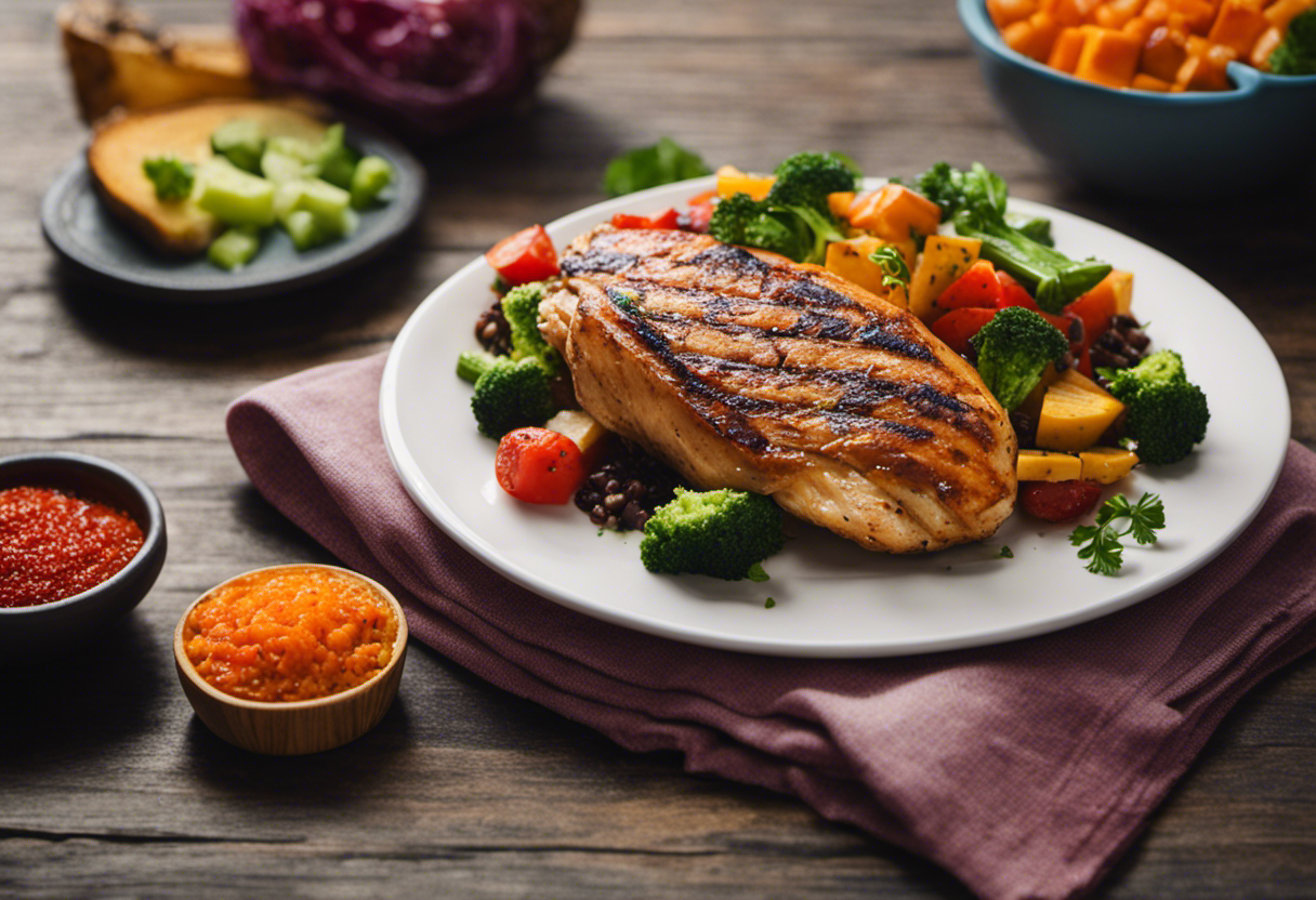An image showcasing a plate filled with a balanced meal, including lean proteins like grilled chicken, a colorful array of fresh vegetables, and a side of complex carbohydrates like quinoa or sweet potatoes