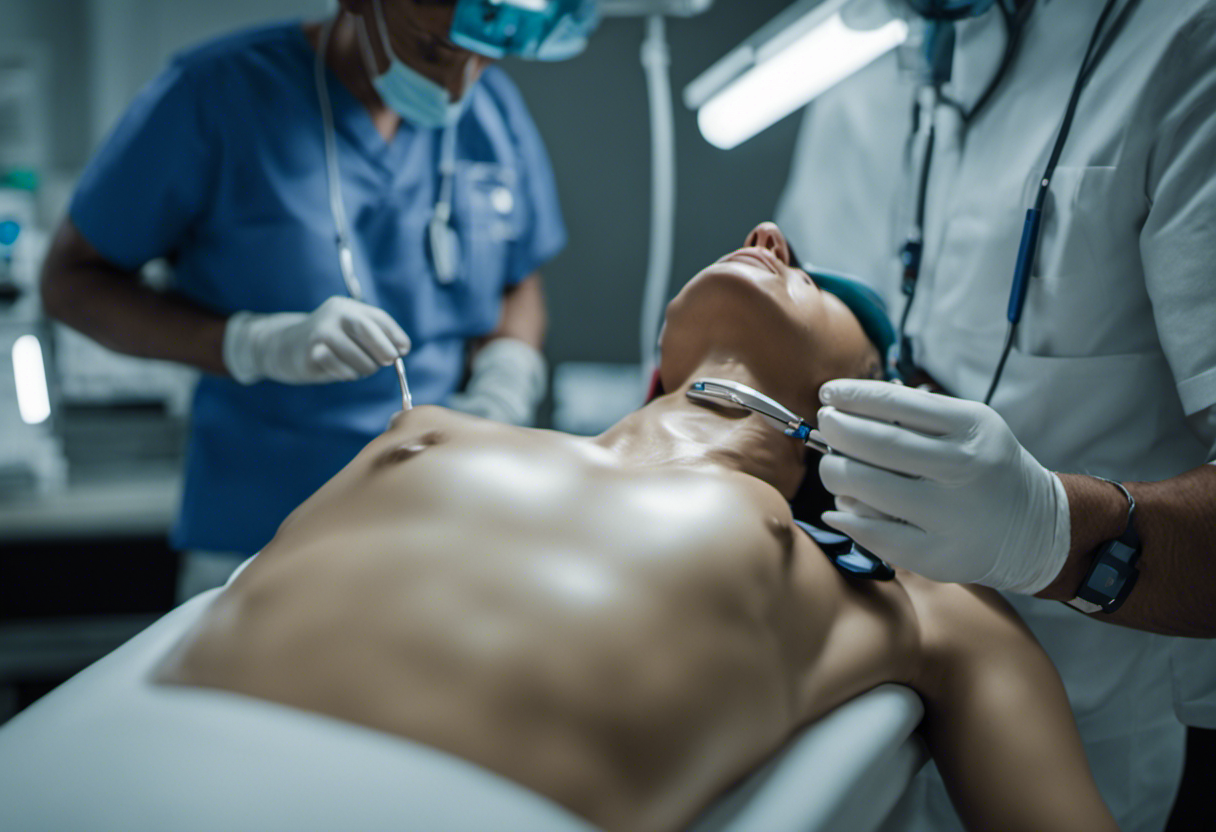 An image showcasing a patient lying on an examination table, their neck exposed, while a skilled technician uses an ultrasound probe to perform a carotid doppler examination
