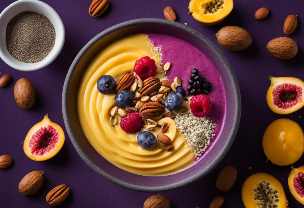 An image showcasing a vibrant smoothie bowl topped with a sprinkling of passion fruit flour, radiating with rich purple hues and adorned with a variety of colorful fruits, seeds, and nuts