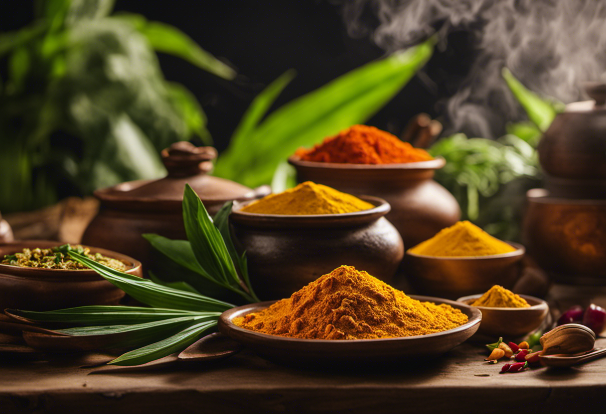 An image showcasing a vibrant turmeric leaf nestled next to a steaming pot of curry, radiating enticing aromas, and surrounded by an assortment of colorful fresh ingredients
