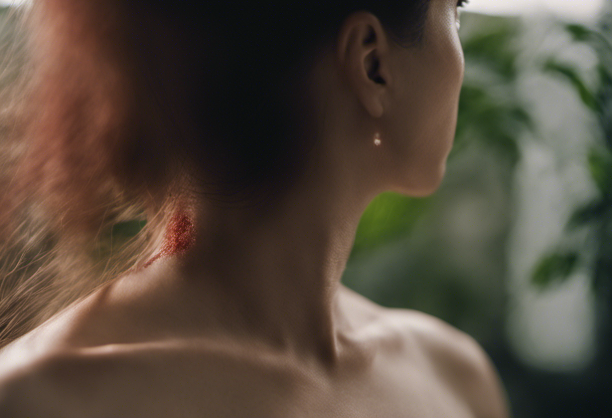 An image depicting a close-up view of a person's collarbone area, with redness and swelling present near the neck