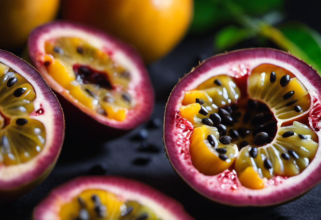 An image showcasing a vibrant, ripe passion fruit sliced open, revealing its luscious pulp filled with tiny black seeds