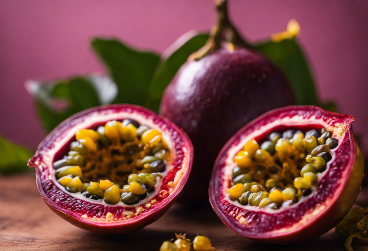 An image showcasing the vibrant hues of wild passion fruit, with its maroon outer skin and golden interior bursting with juicy seeds