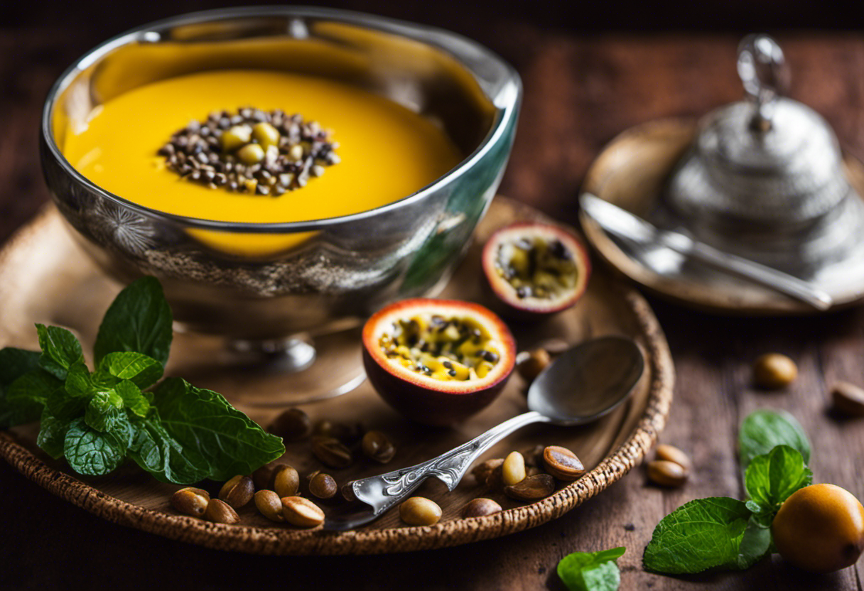 An image showcasing a luscious bowl of velvety passion fruit mousse, adorned with a vibrant assortment of fresh passion fruit seeds and delicate mint leaves, inviting readers to savor its tangy, tropical flavors