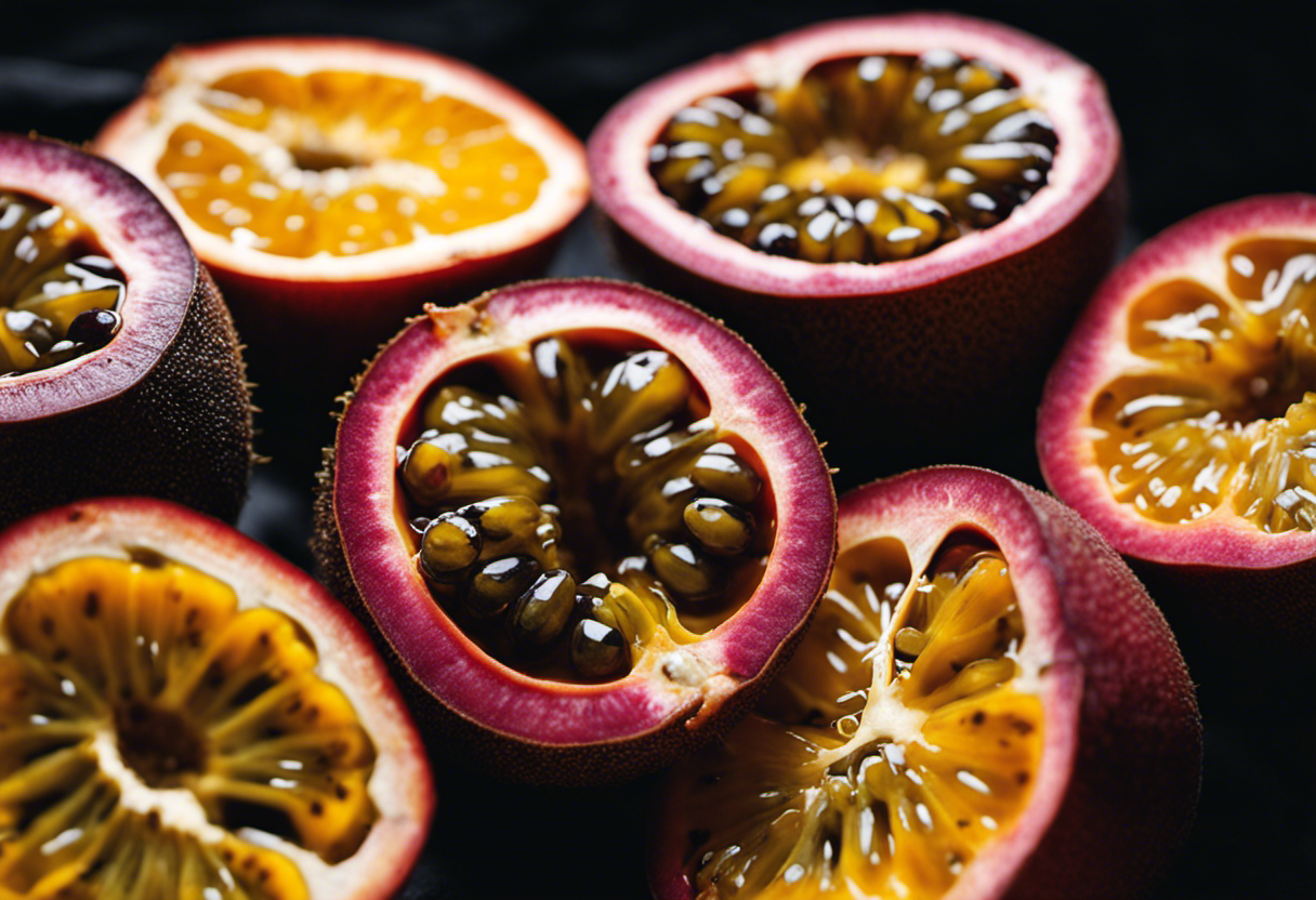 An image showcasing the intricate anatomy of various passion fruit species, highlighting their distinct colors, shapes, and textures