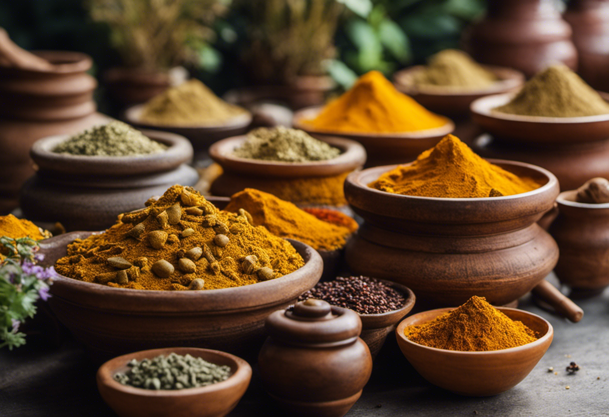 An image showcasing a vibrant and aromatic spice market, with stacks of dried turmeric roots, powdered turmeric in colorful jars, and a traditional mortar and pestle surrounded by medicinal herbs and plants