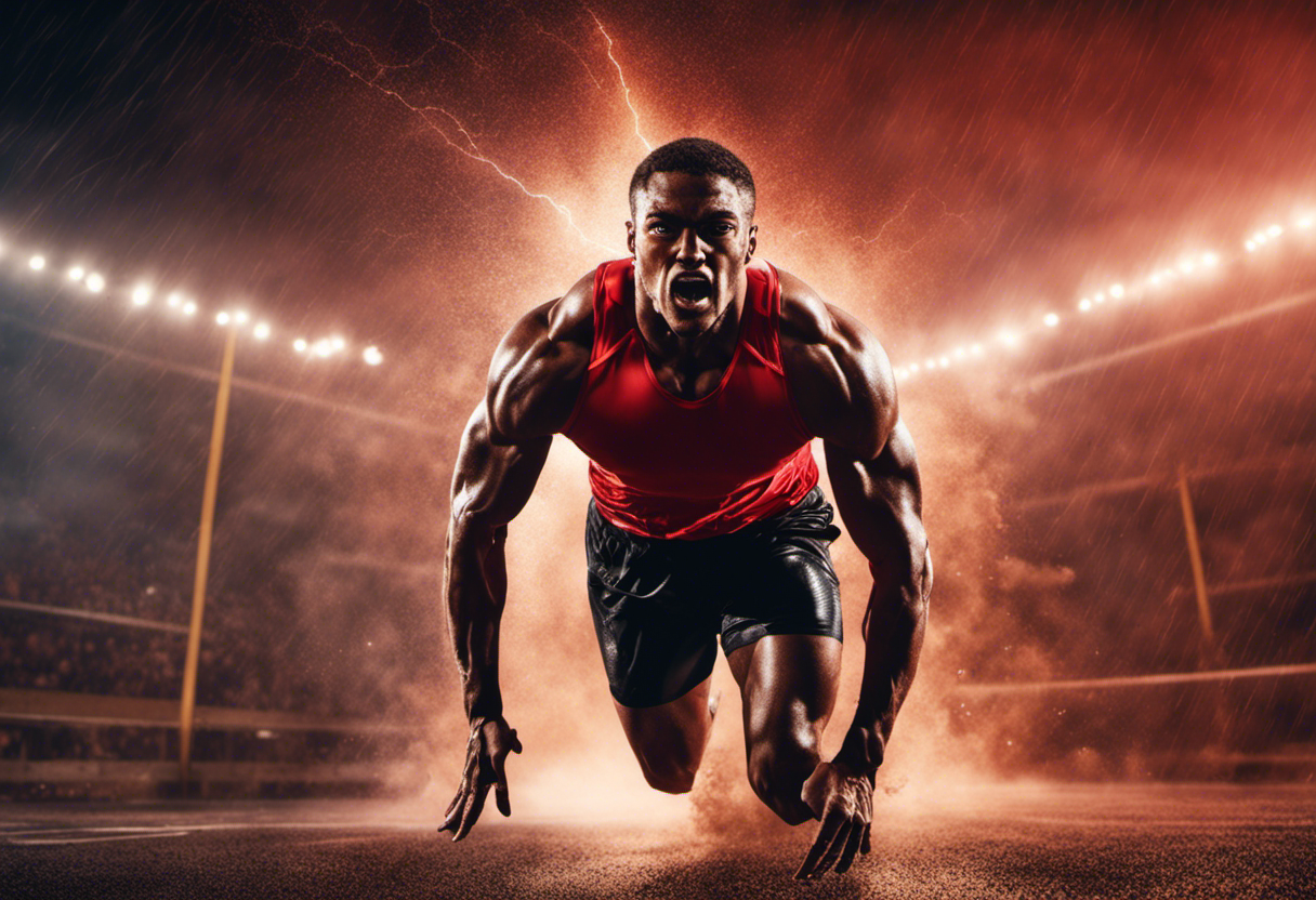 An image showcasing a muscular athlete mid-sprint, veins pulsating, drenched in sweat, with focused determination in their eyes, while a vibrant lightning bolt, symbolizing the power of Taurine, surges through their body