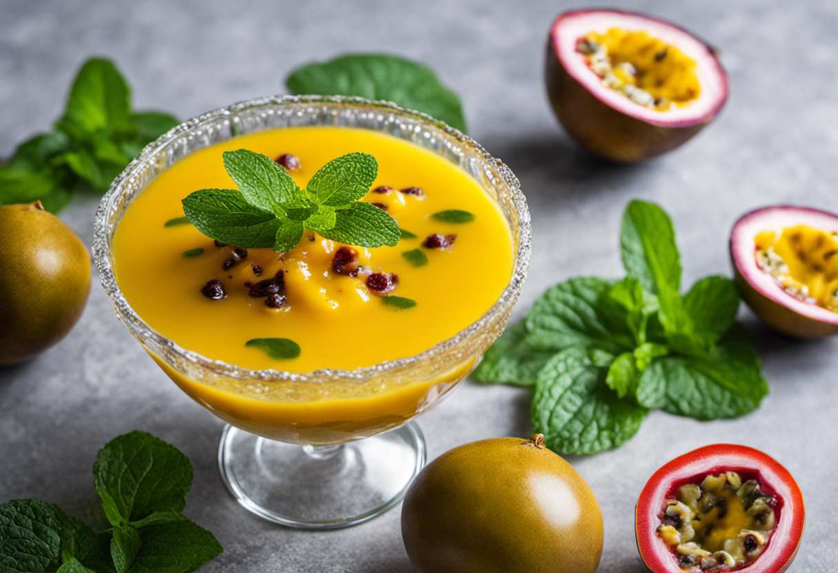 An image showcasing a vividly hued passion fruit pudding served in a delicate glass bowl, adorned with a sprig of fresh mint and a drizzle of tangy passion fruit coulis