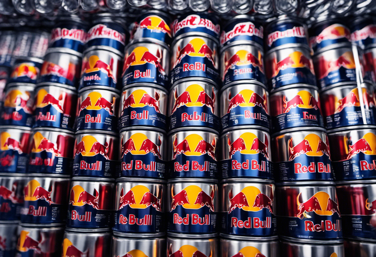 An image showcasing a variety of energy drink cans, including Red Bull, with their labels prominently displayed