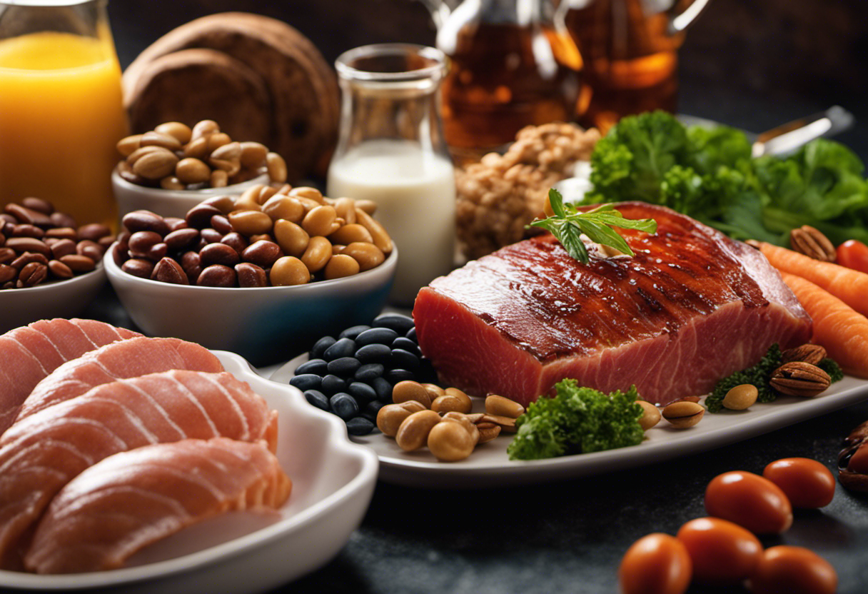 An image showcasing a balanced plate of diverse foods rich in taurine, such as lean meats, seafood, dairy products, beans, and nuts