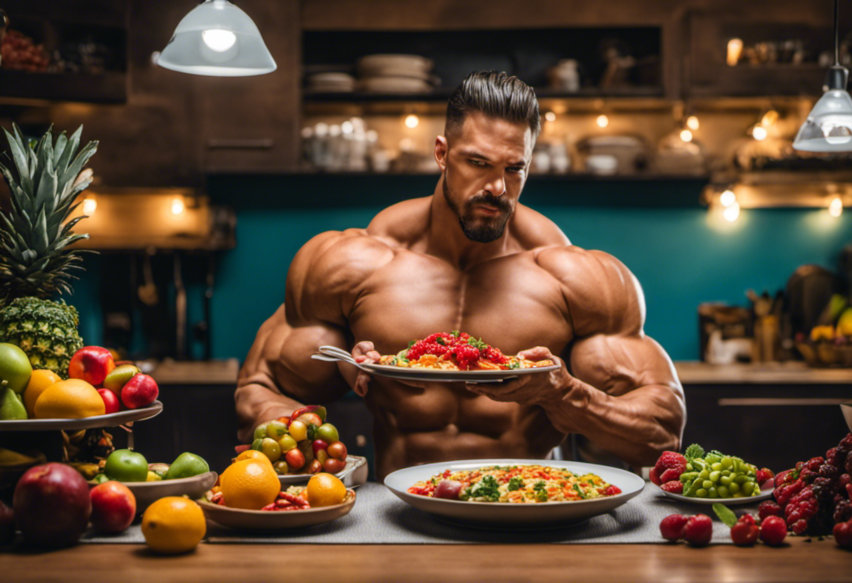 An image showcasing a muscular ectomorph effortlessly devouring a heaping plate of mouthwatering homemade hypercaloric food
