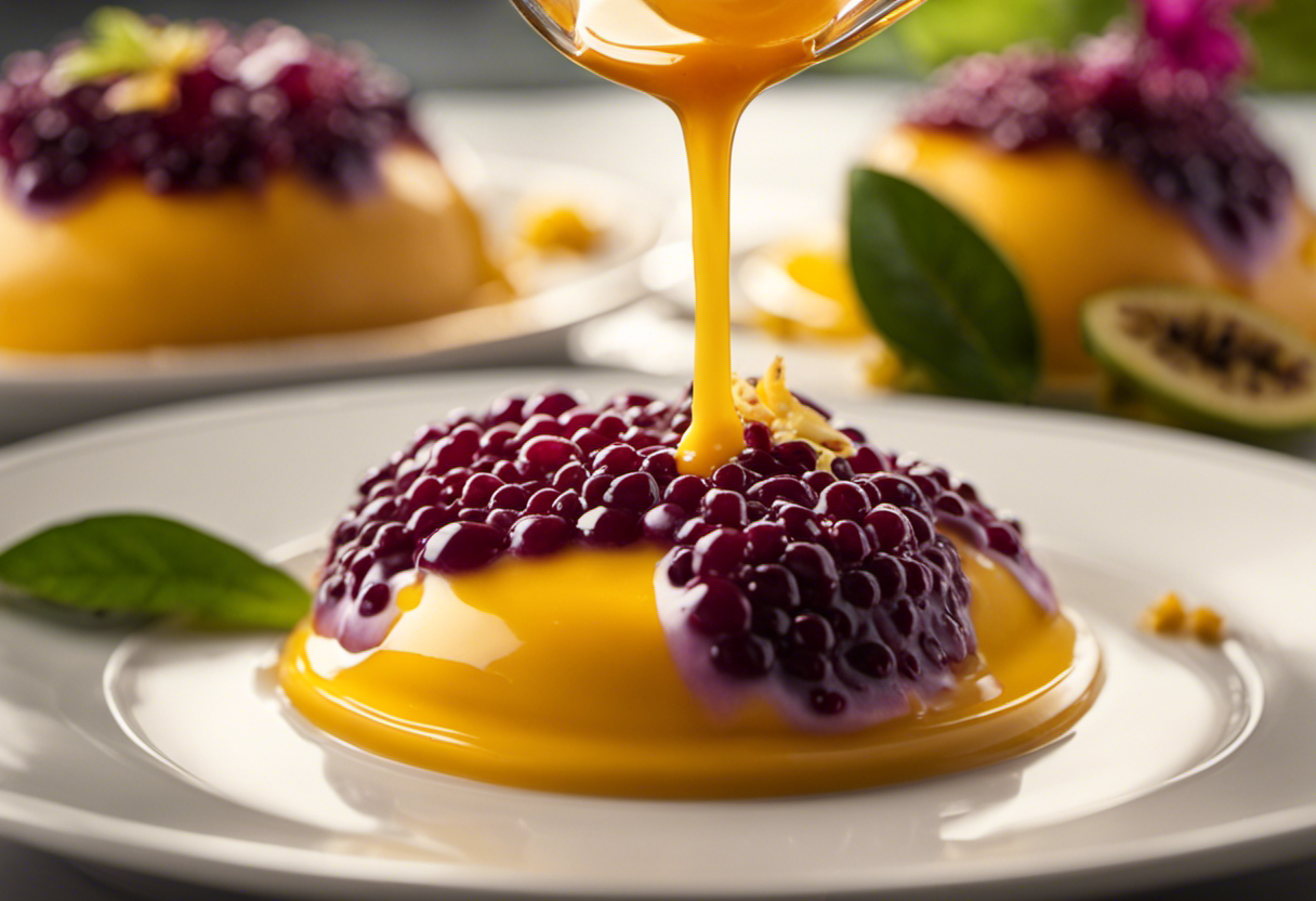 An image showcasing a vibrant passion fruit syrup being drizzled over a decadent passion fruit mousse