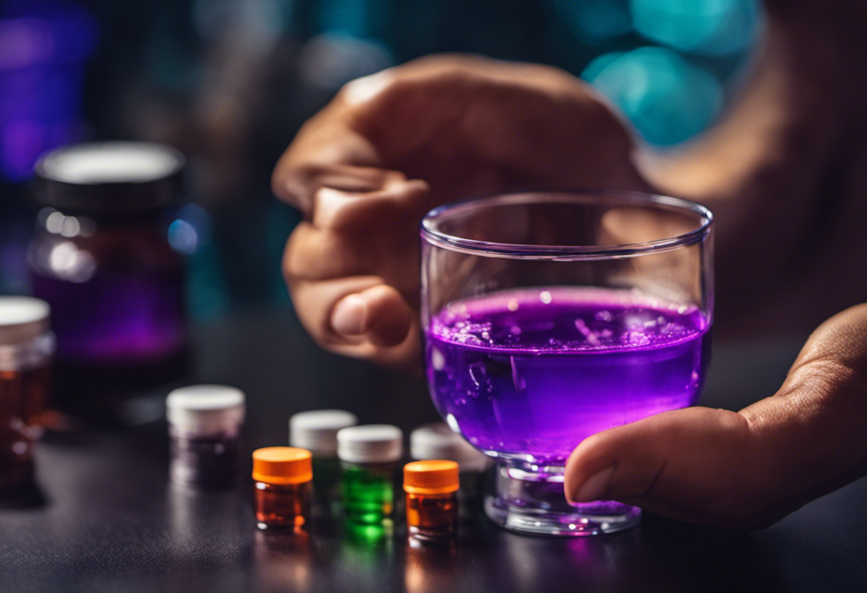 An image showcasing a person confidently holding a transparent glass filled with a vibrant purple liquid containing taurine, surrounded by neatly arranged supplements and a stopwatch, emphasizing precise dosage and timing