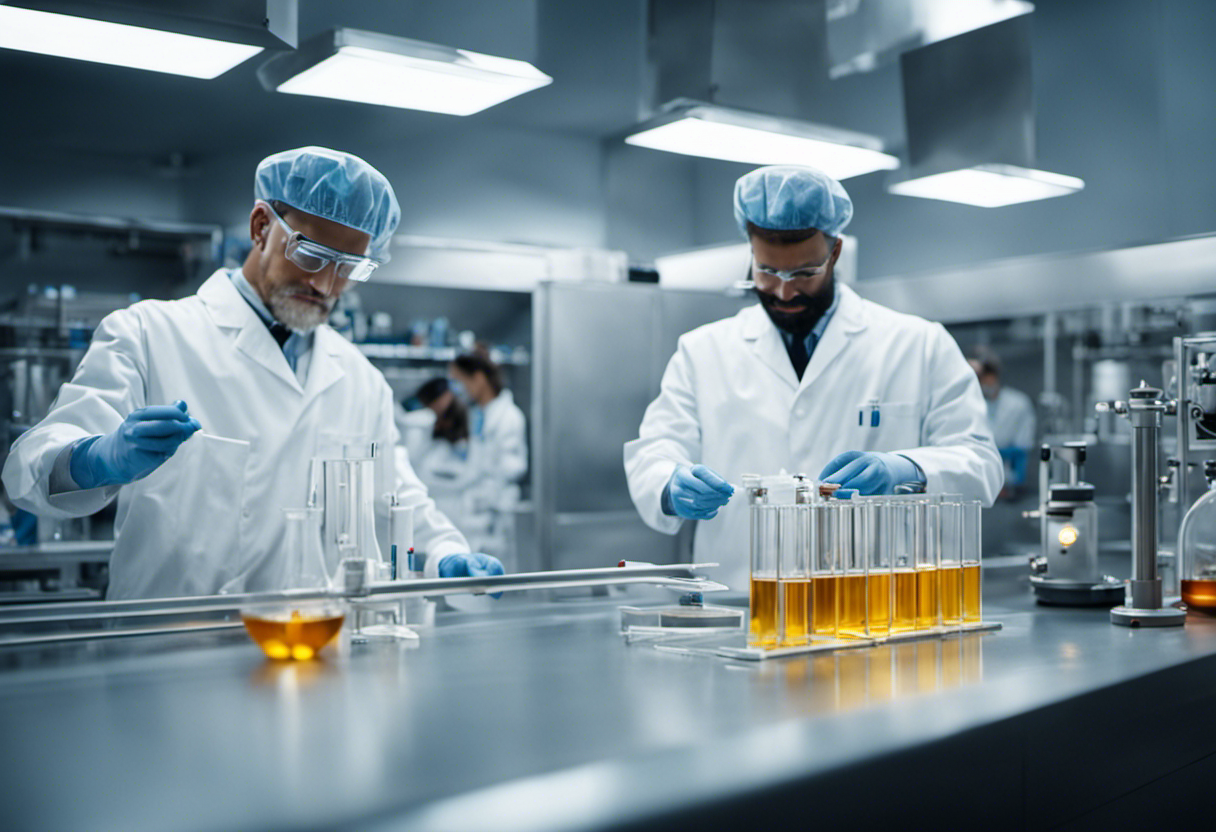 An image that showcases the extraction process of taurine, depicting scientists in a state-of-the-art laboratory meticulously extracting and purifying taurine from natural sources, while highlighting its diverse applications in various industries