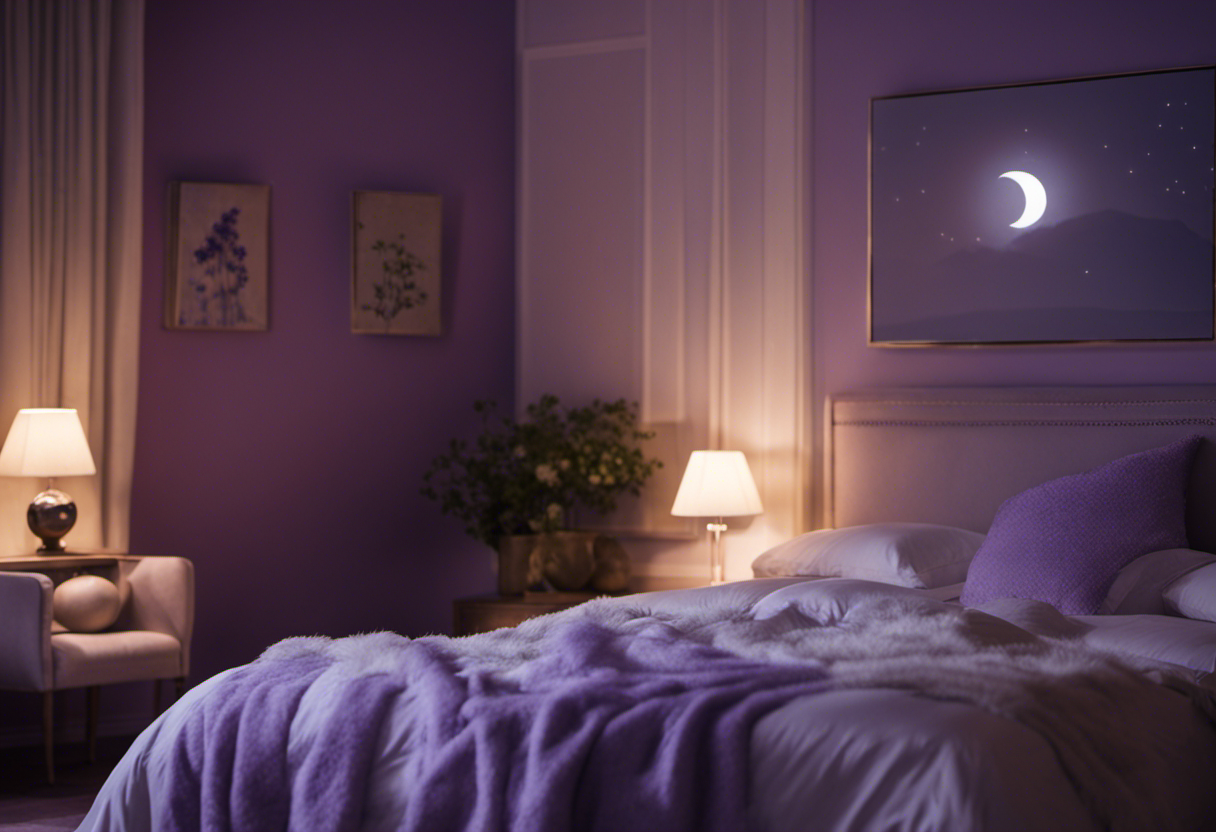 An image depicting a serene bedroom scene with moonlight gently illuminating a sleeping figure on a comfortable bed, surrounded by calming elements like lavender, indicating the influence of taurine on sleep quality