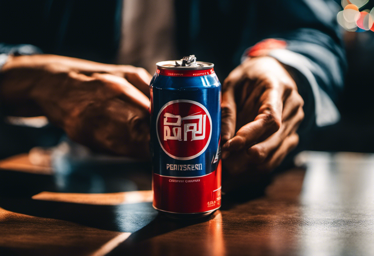 An image showcasing a close-up of a person's trembling hands, sweat dripping from their forehead, heart palpitations visible through their shirt, and an empty energy drink can nearby, highlighting the harmful effects of excessive taurine consumption