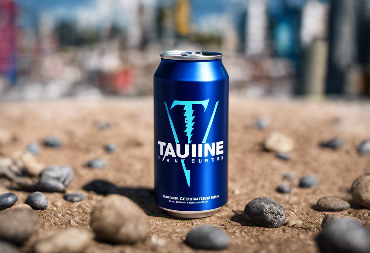 An image showcasing a vibrant blue energy drink can labeled "Taurine" against a background of scientific symbols, emphasizing clarity and debunking common misconceptions