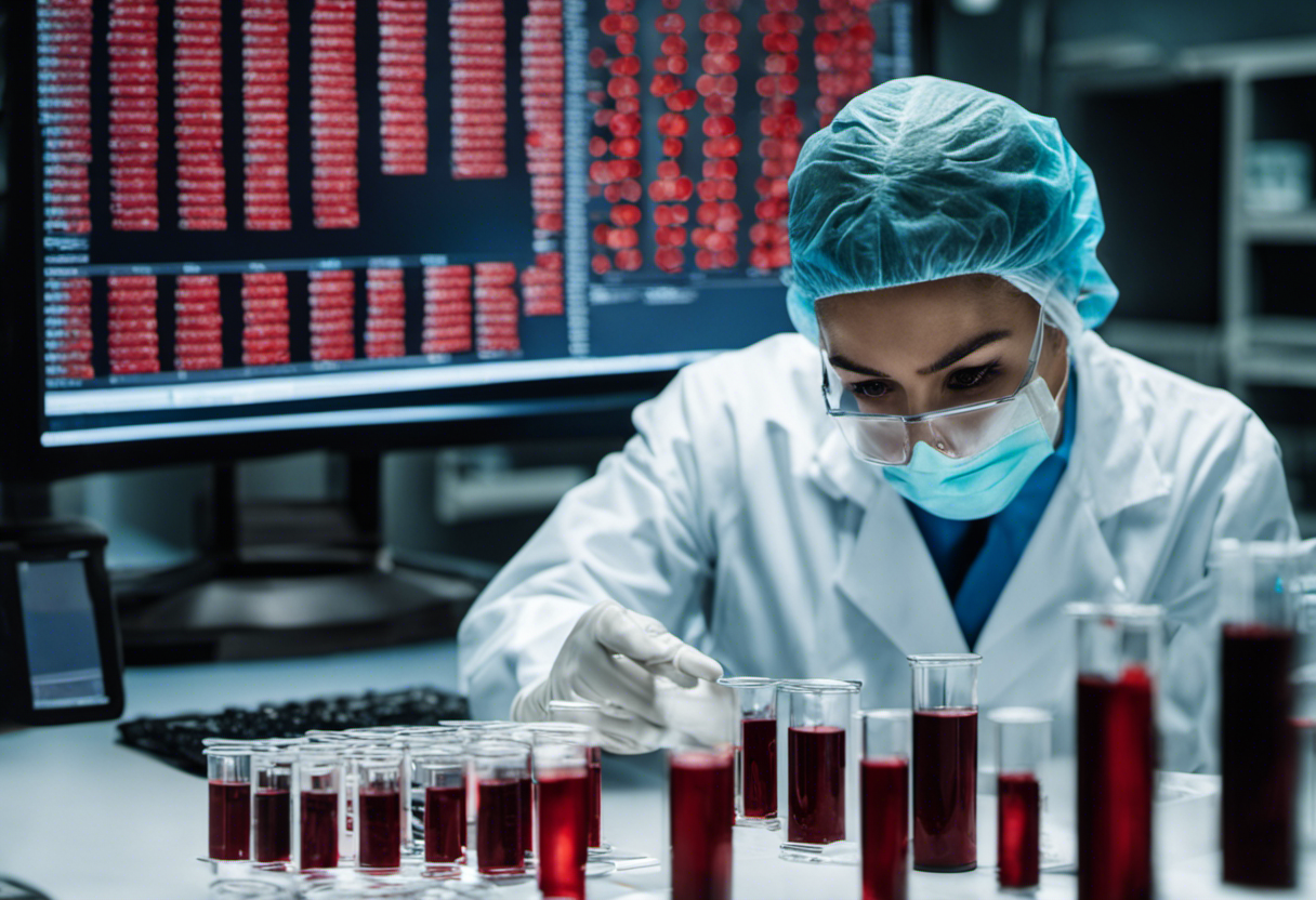 An image depicting a laboratory setting with a medical professional analyzing tumor marker test results on a computer screen, surrounded by vials of blood samples, conveying the significance and analysis of such tests