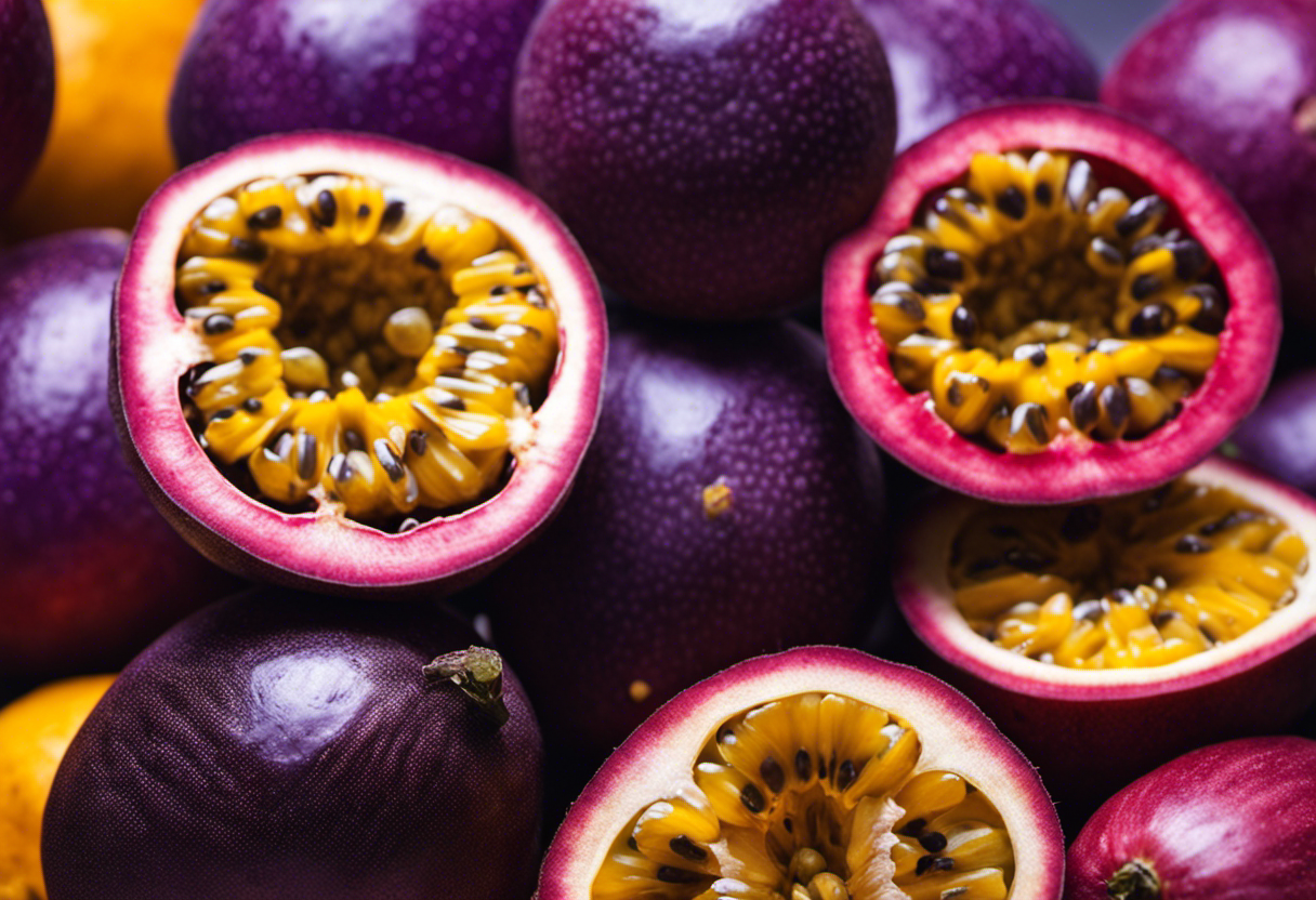 An image showcasing a vivid array of passion fruit varieties, from the vibrant purple-skinned "Purple Passion" to the exotic yellow-hued "Golden Giant," capturing the essence of their unique shapes, sizes, and colors