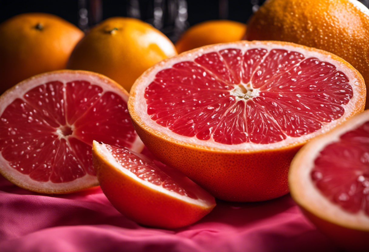 An image showcasing the vibrant pink grapefruit, sliced into wedges, with droplets of refreshing juice glistening on the surface